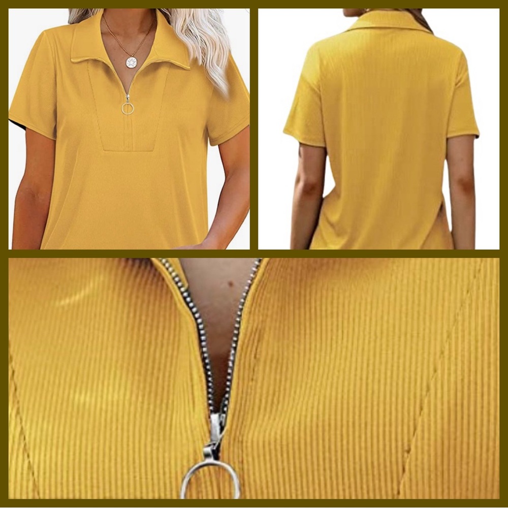 MCKOL Yellow Loose Fit Short Sleeve Zipper Casual Collared Tunic Top SZ XXL